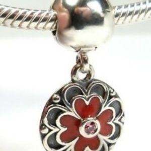 PANDORA SILVER DANGLE ENAMEL RED GERANIUM FLOWER